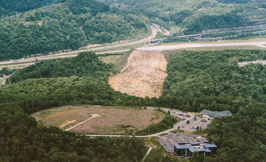 Crash Landing In March 2015, a runway extension completed in 2010 at Yeager Airport in Charleston suddenly gave way as the slope beneath it tumbled into the valley below. Photo by Andrew Yianne Flickr Commons 2015