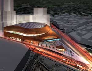 Redesigned basketball arena in Brooklyn. (Image courtesy of SHoP Architects and Ellerbe Becket)