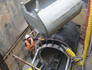 In March, crews broke through the bedrock on the east side of the South Platte River, drilling a 78-in. diameter hole, 260 ft long—the longest waterway crossing of the Prairie Waters project.