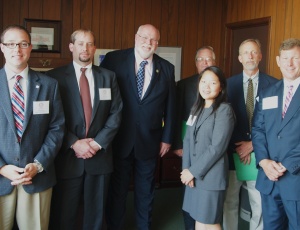 Pictured on a Legislative Day visit to the capitol are Josh Hunter, Blach Construction; Todd Temple, Hensel Phelps; Assemblyman Jim Beall (D-San Jose); Don Love, Quality Landscape; Jim Campbell, Campbell Enterprises; Mike Blach, Blach Construction and Eun Kim, Hensel Phelps.