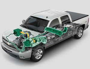The hybrid system consists of a 6.0L V8, a two-mode transmission and a 300-Volt nickel-metal-hydride battery pack.
