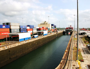 A cargo ship enters the Gatun Locks on the Atlantic side of the Panama Canal.