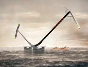 In the vertical-axis concept, blades spin close to the ocean surface, like a fan on its back.