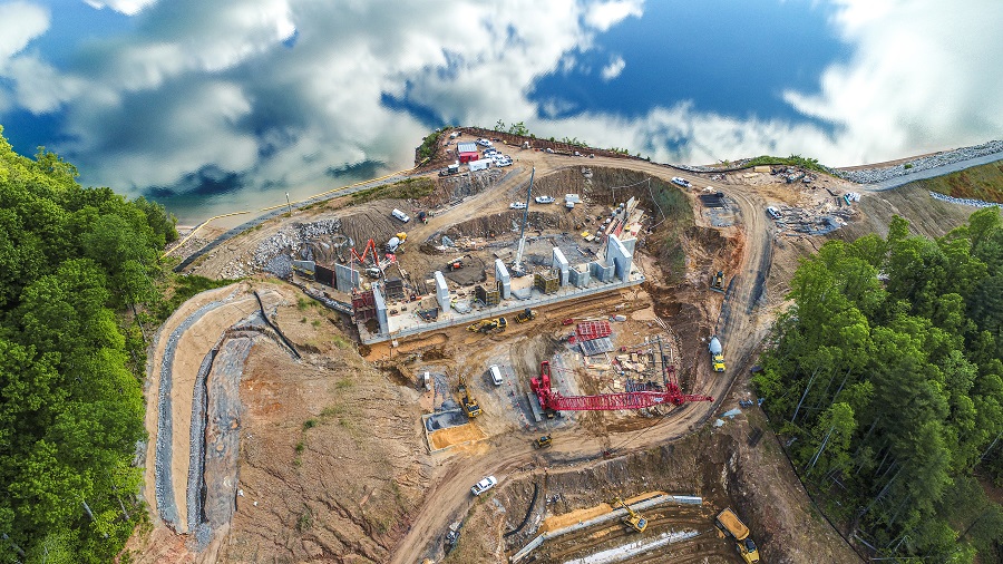 Construction Site Atop North Fork Reservoir Dam Aerial View