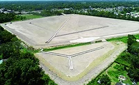 An aerial photo of the empty Hopper detention basin along the Halls Bayou in Houston, Texas