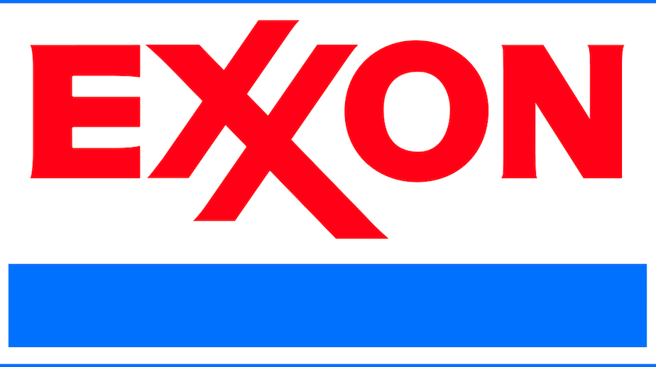 Exxon Logo with "Exxon" in red letters and white background, above a blue horizontal bar