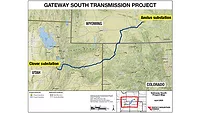 Map showing path of the Gateway South Transmission Project from from Utah, through Colorado to Wyoming