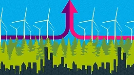 Illustration showing city skyline, trees beyond it and a row of wind turbines across. Two horizontal lines, one pink and one purple, meet in the middle to form an arrow pointing up.