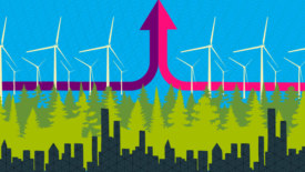 Illustration showing city skyline, trees beyond it and a row of wind turbines across. Two horizontal lines, one pink and one purple, meet in the middle to form an arrow pointing up.