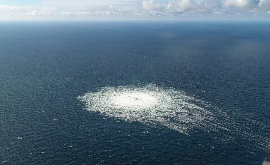Seen from above, a white circle, containing methane, spreads out in the dark blue waters of the Baltic Sea