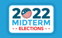 Red, blue and white logo with text that reads "2022 Midterm Elections"