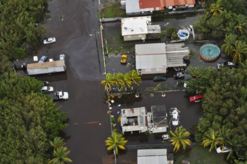 Aerial view of a neighborhood with palm trees, white roofs, cars and areas in which the road is covered by floodwater