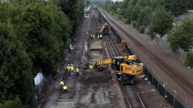 Construction crews work on the MBTA Orange Line