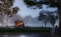 KING_Fog2.jpg A rendering of “The Embrace,” Boston’s monument to Martin Luther King Jr. and his wife Corretta Scott King.