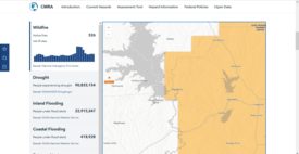 Screenshot of the CMRA portal shows a highlighted map of a region on the right, with accompanying data on the left including wildfire, drought and flood information