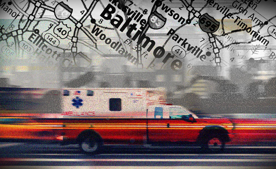 A graphic showing an EMS vehicle racing in front of a map of Baltimore