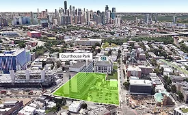 An aerial photo of courthouse park in Jersey City, N.J.