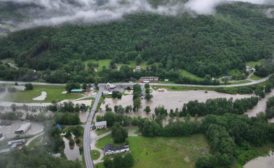 A drone shot of the July 2023 flooding in Vermont