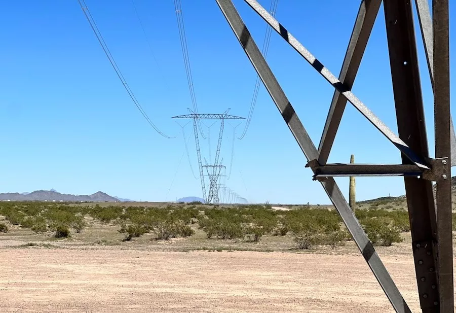 A transmission line is shown behind a cluster of small trees, with mountains and a blue sky behind it.