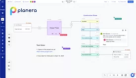 Screenshot of the Planera Interface, including a flowchart and a vertical menu bar in purple
