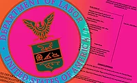 A Department of Labor seal graphic is shown with an image of court documents underneath, all in tones of pink, orange and blue.