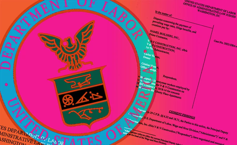 A Department of Labor seal graphic is shown with an image of court documents underneath, all in tones of pink, orange and blue.