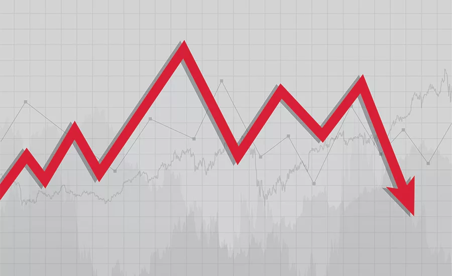 a red line graph shows peaks and valley over a gray grid before ending in an arrow pointing down