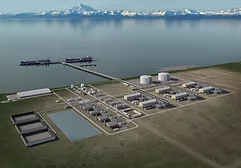 Rendering of proposed Alaska LNG project, shown next to a body of water with ice capped mountains in the background
