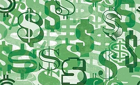 Graphic showing overlapping green dollar bills in various fonts
