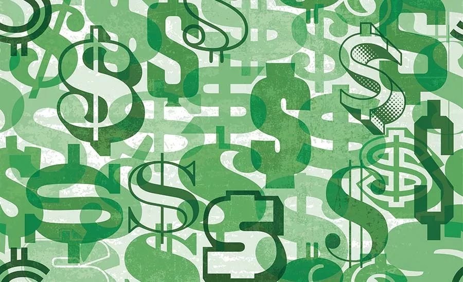 Graphic showing overlapping green dollar bills in various fonts