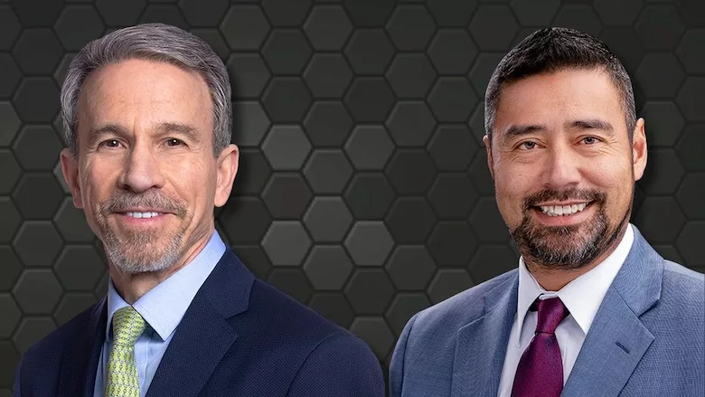 Image shows headshots of outgoing and incoming CEOs of Caterpillar