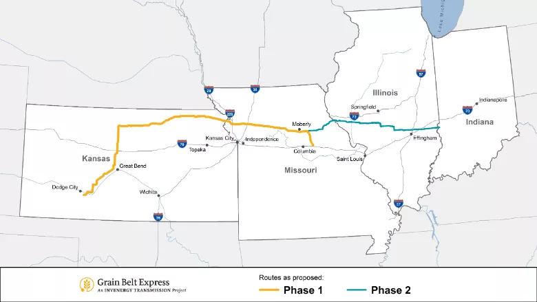 a map shows the proposed Grain Belt Express route through Kansas, Missouri, Illinois and Indiana.jpg