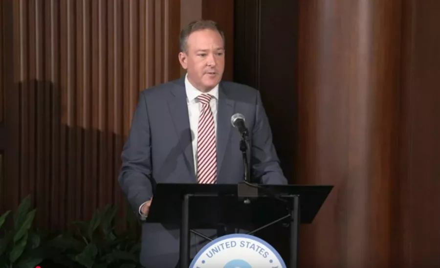 Lee Zeldin speaks at a podium at the EPA headquarters
