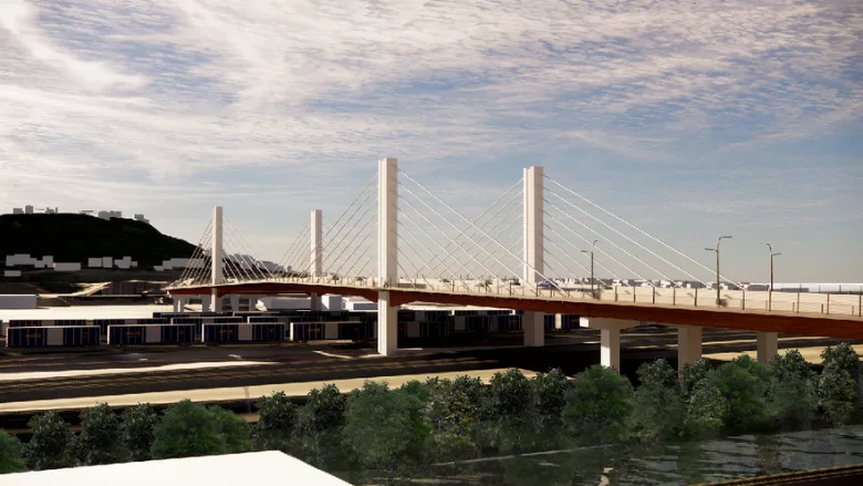 a rendering shows the extradosed design for the replacement Western Hills Viaduct in Cincinnati