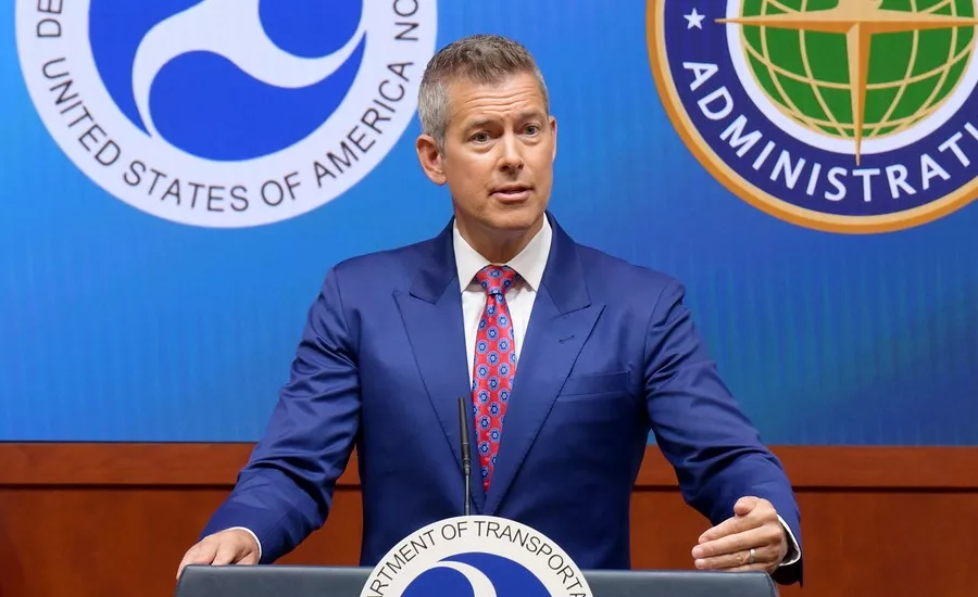 Transportation Secretary Sean Duffy speaks at a DOT podium