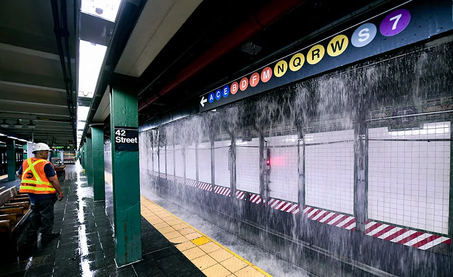 MTA crews responded to a water main break near West 41st Street and Seventh Avenue in August 2023.