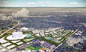 Hart Howerton Architects' rendering shows a domed stadium anchoring a 326-acre mixed-use redevelopment of the former Arlington International Racecourse site in Arlington Heights, Ill.