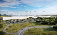 A rendering shows the planned Rivian manufacturing plant in Georgia.
