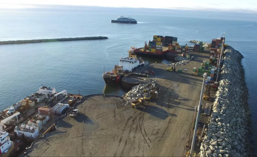 A container vessel is seen docked in the Port of Nome, Alaska