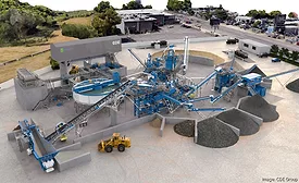 Rendering of CDE Group’s soil-washing system at Eco Materials’ $40-million Passyunk Wash Plant in Philadelphia, with conveyors, wash tanks, and aggregate stockpiles visible.
