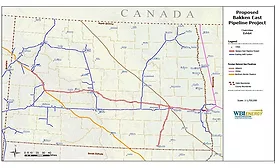 Map showing proposed route of Bakken natural gas pipeline through North Dakota