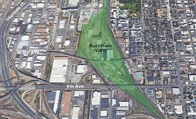 Aerial map of central Denver showing Burnham Yard between 6th Avenue and West 8th Avenue, near the Consolidated Main Line rail corridor.
