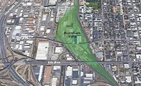 Denver - Broncos New Stadium.jpg Aerial map of central Denver showing Burnham Yard between 6th Avenue and West 8th Avenue, near the Consolidated Main Line rail corridor.