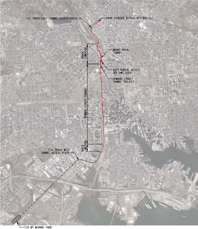 A map shows the location of the Howard Street Tunnel in Baltimore plus sites used by contractors