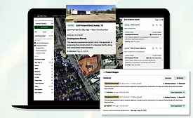 Screenshot of Mercator.ai’s platform showing permit-stage project details for a proposed daycare facility in Austin, with project snapshots and maps displayed on a laptop screen.