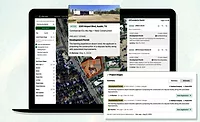Screenshot of Mercator.ai’s platform showing permit-stage project details for a proposed daycare facility in Austin, with project snapshots and maps displayed on a laptop screen.