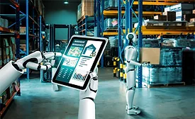 Robotic systems manage warehouse operations using AI-enabled tablets, illustrating PwC survey findings that automation and intelligent systems will drive U.S. industrial reinvention.