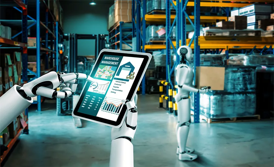 Robotic systems manage warehouse operations using AI-enabled tablets, illustrating PwC survey findings that automation and intelligent systems will drive U.S. industrial reinvention.
