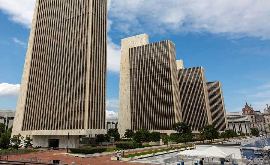 Four state agency buildings are seen at Albany's Empire State Plaza