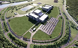 Aerial rendering of Lilly’s planned Goochland County, Va., biomanufacturing campus, showing multiple production buildings, parking areas, ponds and surrounding green space.